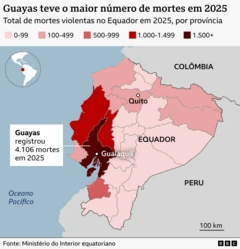 Mapa do Equador mostrando o número de mortes violentas por província em 2025. As províncias do litoral têm as cores mais escuras, que indicam maiores números de mortos.
