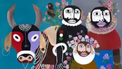 Un tableau figuratif de personnes avec une vache, un chien et un oiseau