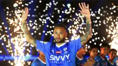 Neymar being unveiled with fireworks by Saudi club Al Hilal