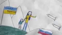 A drawing by 12-year-old Masha appears to show a Ukrainian woman with a child holding up a hand to say no as Russian missiles approach