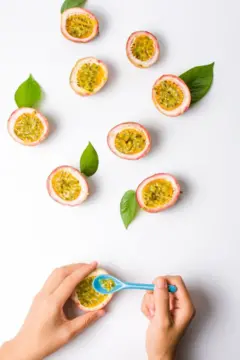 Diversos maracujás abertos e duas mãos retiram a polpa de um deles com uma colher de plástico azul