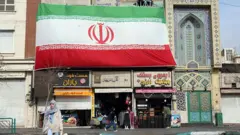 Başı kapalı bir kadın alışveriş poşetleriyle caddede yürüyor, arka planda bir dükkan  üstünde dev bir İran bayrağı asılmış