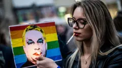 Девојка са наочарима за сунце и цигаром у устима у левој руци држи упаљач, а у десној постер са Орбановом сликом док је позадина застава ЛГБТ заједнице