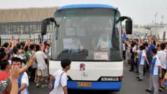 Uno de los autobuses de baterías de iones utilizados en los Juegos Olímpicos de Pekín