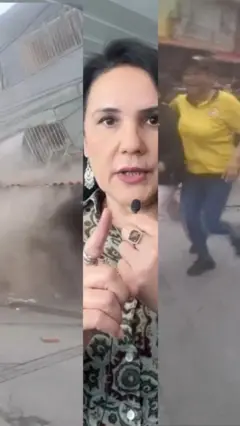 Boshlovchi surat markasida, chap tomoda yiqilayotgan bino, o'ng tomonda esa qochayotgan sariq futbolka, jinsi shim va kepka kiygan ayol,