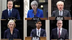 Fotos dos seis primeiros-ministros nos últimos 10 anos, todo eles falando em frente à sede do governo; a partir do topo à esquerda: David Cameron, Theresa May, Boris Johnson. Embaixo, da esq: Liz Truss, Rishi Sunak e Keir Starmer