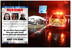 Cartaz de desaparecidos com as fotos de Constance Marten e Mark Gordon, com carro carbonizado em acostamento de estrada ao fundo