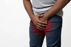 Homme noir couvrant ses organes génitaux avec les deux mains 