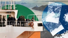 A designed composite image of Irish rangers on the outside deck of the cargo ship, MV Matthew, with coastline in the background, and two small bags of cocaine powder on the right. The colour scheme is partly green and orange to signify the Irish flag.