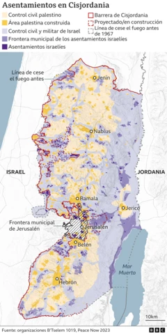 Mapa de Cisjordania que muestran los asentamientos