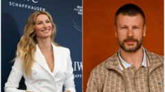 Colagem com fotos de Gisele Bündchen e Rodrigo Hilbert sorrindo ao posar para fotos em eventos