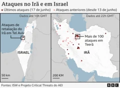 Gráfico mostra ataques no Irã e em Israel na guerra entre os dois países
