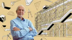 Renzo Piano con los brazos cruzados, y dibujo de la fachada del Pompidou y herramientas de arquitectura