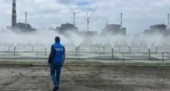 Інспектор МАГАТЕ у синім жилеті стоїть спиною до камери і дивиться на Запорізьку АЕС