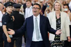 Andy Burnham, Labour MP for Makerfield, celebrates after his swearing-in at the Houses of Parliament on June 22, 2026 in London, England. Last week Andy Burnham won 54% of the vote in the Makerfield by-election, paving his way to return to Westminster as an MP and challenger to Prime Minister Keir Starmer's leadership.