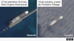 Duas imagens de satélite lado a lado. A da esquerda mostra um navio atracado nas Ilhas Virgens Americanas, enquanto a da direita parece mostrar o mesmo contorno do navio ao longo de Trinidad e Tobago.