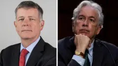 Imagem compostaapostas esportivas bet365Sir Richard Moore, chefe do MI6, um homem com cabelo curto e cinza escuro usando um terno com gravata vermelha, e William Burns, chefe da CIA, um homem com cabelo ondulado e cinza claro inclinado para a frente com o queixo apoiado na mão, com um microfone àapostas esportivas bet365frente.