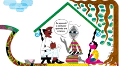 Trecho do livro mostra o desenho de um homem sentado escrevendo, enquanto ouve uma senhora dizer que aprendeu a costurar quando era criança. Ao lado deles está sentada uma criança.