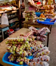 Bacias com sacos de frutas dentro