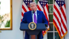 US President Donald Trump speaks from behind a blue podium bearing the US presidential seal, which is outside and positioned in front of three US flags, on 11 May 2026.