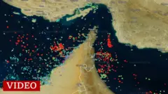 Una imagen satelital del Estrecho de Ormuz muestra barcos varados a ambos costados