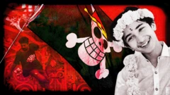 A digitally edited collage featuring three main elements: on the left, a blurred person in motion wearing a black shirt with stylized white text against an ornate red background; in the center, a large black pirate flag displaying the Straw Hat Pirates’ Jolly Roger from One Piece with a pink skull wearing a striped straw hat; and on the right, a grayscale figure with a blurred face wearing a white shirt and floral garlands. The overall color scheme is dominated by red and black tones.