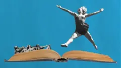 Mulher pulando sobre um livro