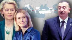 Коллаж: Урсула фон дер Ляйен, Кая Каллас и Ильхам Алиев на фоне карты Южного газопровода