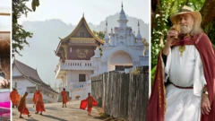 왼쪽에는 한 사원에서 주황색 승복을 입은 승려들이 모여있고, 오른쪽에서는 전통 의상을 입은 한 남성이 잔을 들고 미소를 짓고 있다.