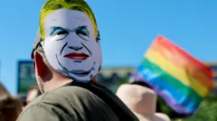 Мужчина с маской Виктора Орбана на затылке, на заднем плане радужный флаг