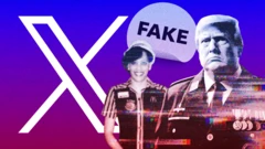 Colagem mostrando IAbet 77 apk downloadDonald Trump com uniforme militar e Kamala Harris com uniforme do McDonald's; e ao fundo selobet 77 apk download'fake' (falso) e logotipo do X