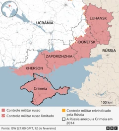 Mapa da Ucrânia mostrando o controle russo do território ucraniano