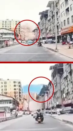 चीनमा पहिरोले भवन भत्काउँदा कारको क्यामराबाट खिचिएको दृश्य