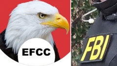 An eagle looking straight, wit FBI agent wearing a badge