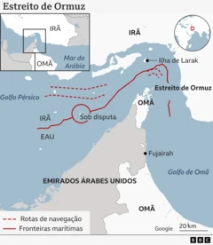 O estreito de Ormuz, uma estreita rota de navegação na região do Golfo, é uma das rotas marítimas mais importantes do mundo. Limitado ao norte pelo Irã e ao sul por Omã e pelos Emirados Árabes Unidos (EAU), o Estreito de Ormuz conecta o Golfo com o Mar Arábico.
O estreito é profundo o suficiente para os maiores petroleiros do mundo e é usado pelos principais produtores de petróleo e gás do Oriente Médio - e seus clientes.