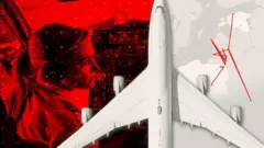 Слева показана кабина самолёта в красном цвете с человеком в наушниках перед приборной панелью. Справа — вид сверху на пассажирский самолёт над картой Европы, на которой красными линиями отмечены направления полёта.