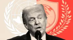 Montaje que muestra a Donald Trump, el logotipo de la ONU y el escudo de la Junta de Paz.