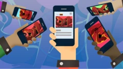 Animation of hands holding phones showing porn