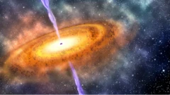 ภาพจำลองเควซาร์ซึ่งเป็นหลุมดำมวลยิ่งยวดที่ทำให้ใจกลางดาราจักรส่องสว่างเจิดจ้า เควซาร์ส่วนมากมีอายุเก่าแก่โดยเกิดขึ้นไม่เกิน 800 ล้านปีหลังบิ๊กแบง