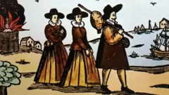 Engraving depicts Puritans about to emigrate from England, dated 14th century