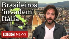 Foto de igreja italiana, mapa da Itália, o repórter Rafael Barifouse e o texto: Brasileiros 'invadem' Itália