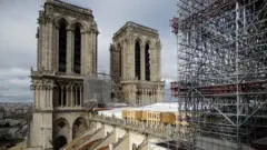 Bell towers from alongside scaffolding