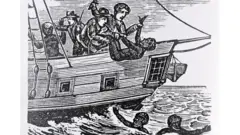 Ilustração de marinheiros jogando pessoas escravizadas ao mar de navio