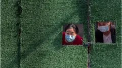 上海封城期間，因疫情被隔離的婦女透過柵欄窗朝外看