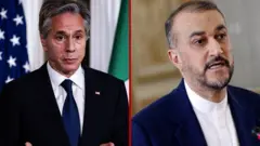 على يمين الصورة وزير الخارجية الأميركي وعلى يسارها وزير الخارجية الإيراني