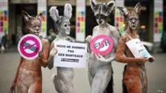 "Нет меху". "Мы не шубы" - Протесты защитников прав животных в Париже против использования меха модными домами. 2007 год