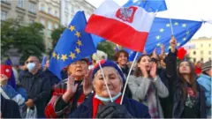 People take part in a protest against the judgment of Polish Constitutional Tribunal and in support of EU at Solny square in Wroclaw, Poland 10 October 2021