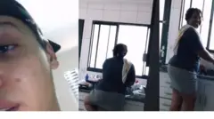 Flor lavando louça e sendo filmada por Junior