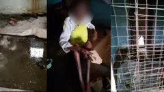 Woman and di cage wia she bin live