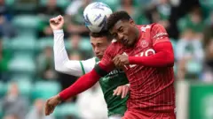 Aberdeen and Hibs players heading a ball